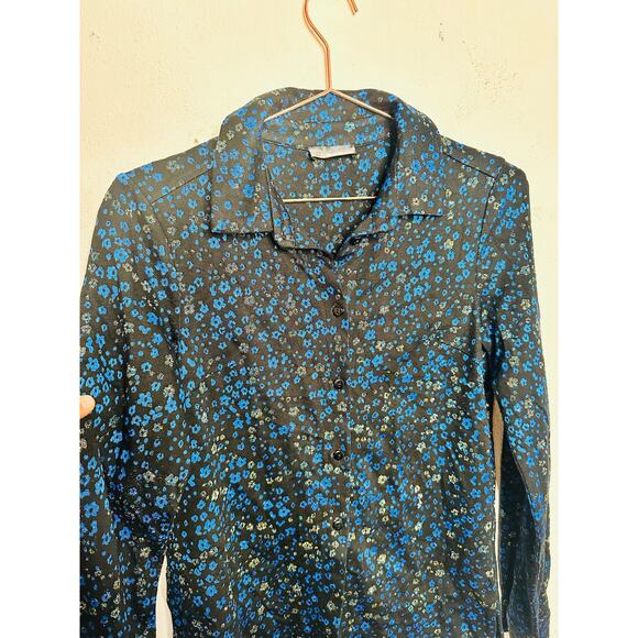 STINE GOYA Black Blue Metallic Button Front Floral Lucian Long Sleeve Top sz XS - Picture 8 of 15